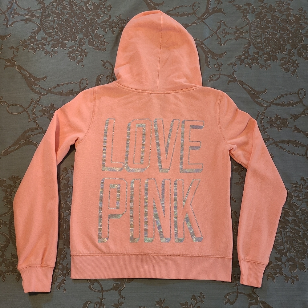 Victoria's Secret PINK Holographic Full Zip Hoodie Bright Peach Orange Medium